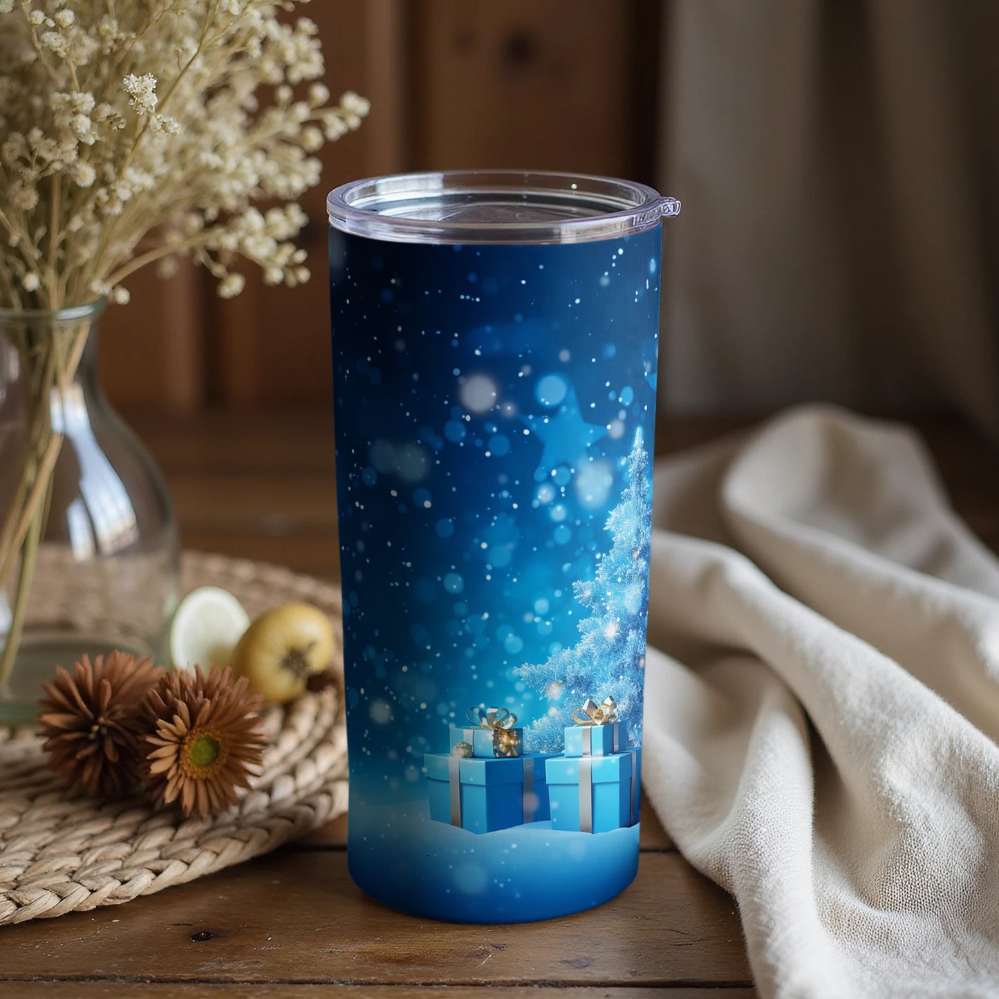 Festive Blue Holiday Theme Tumbler with Gifts