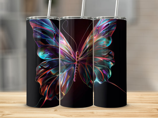 Three tumblers with colorful iridescent butterfly design on black background.