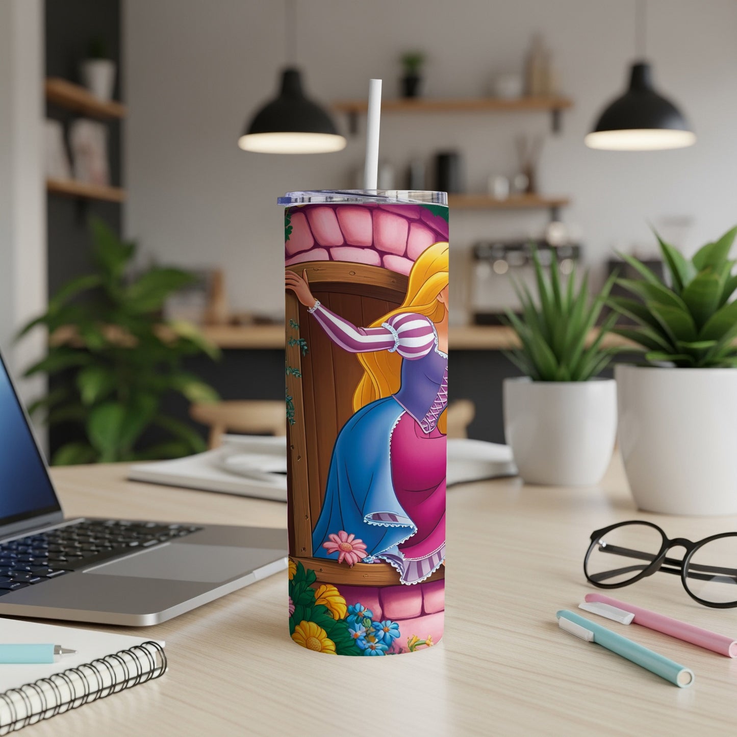 Rapunzel character from Tangled on a pink castle tower, on a tumbler.