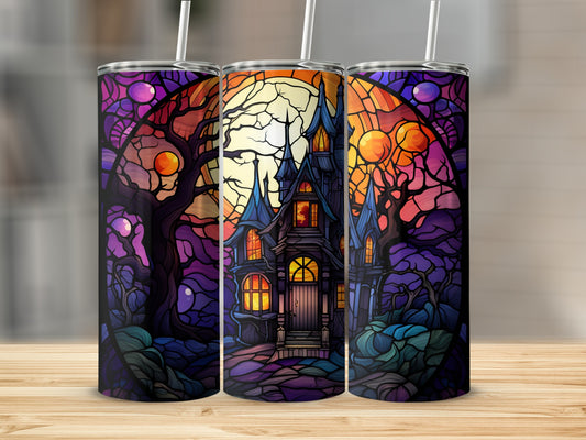 Spooky haunted house with stained glass-style trees and moons.