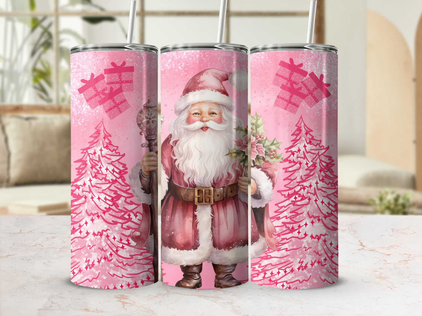 Pink Santa Claus and Christmas Trees Tumbler