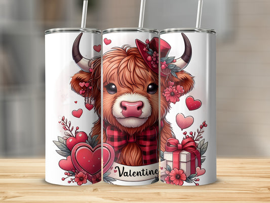 Cute Highland cow with red hat and Valentine's Day decorations.