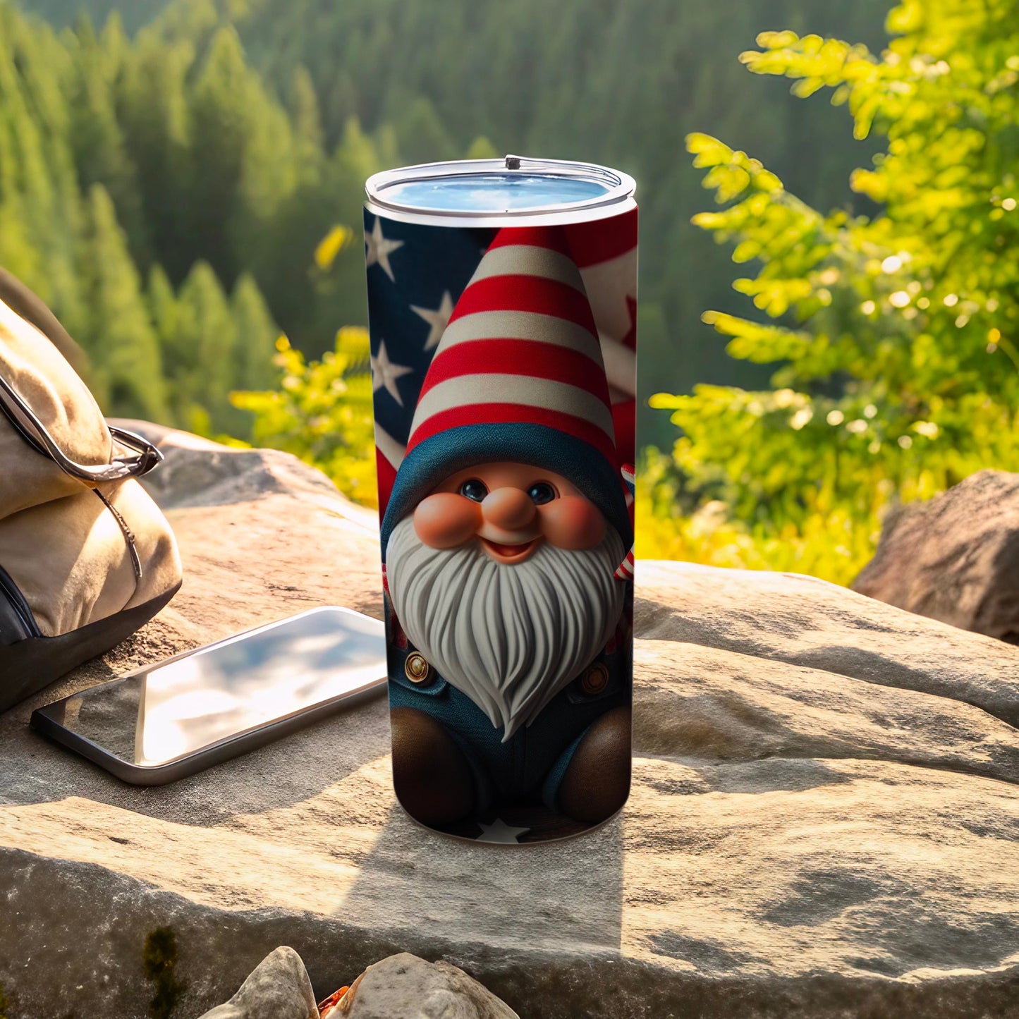 Gnome with American flag hat on a tumbler with a backpack and phone.