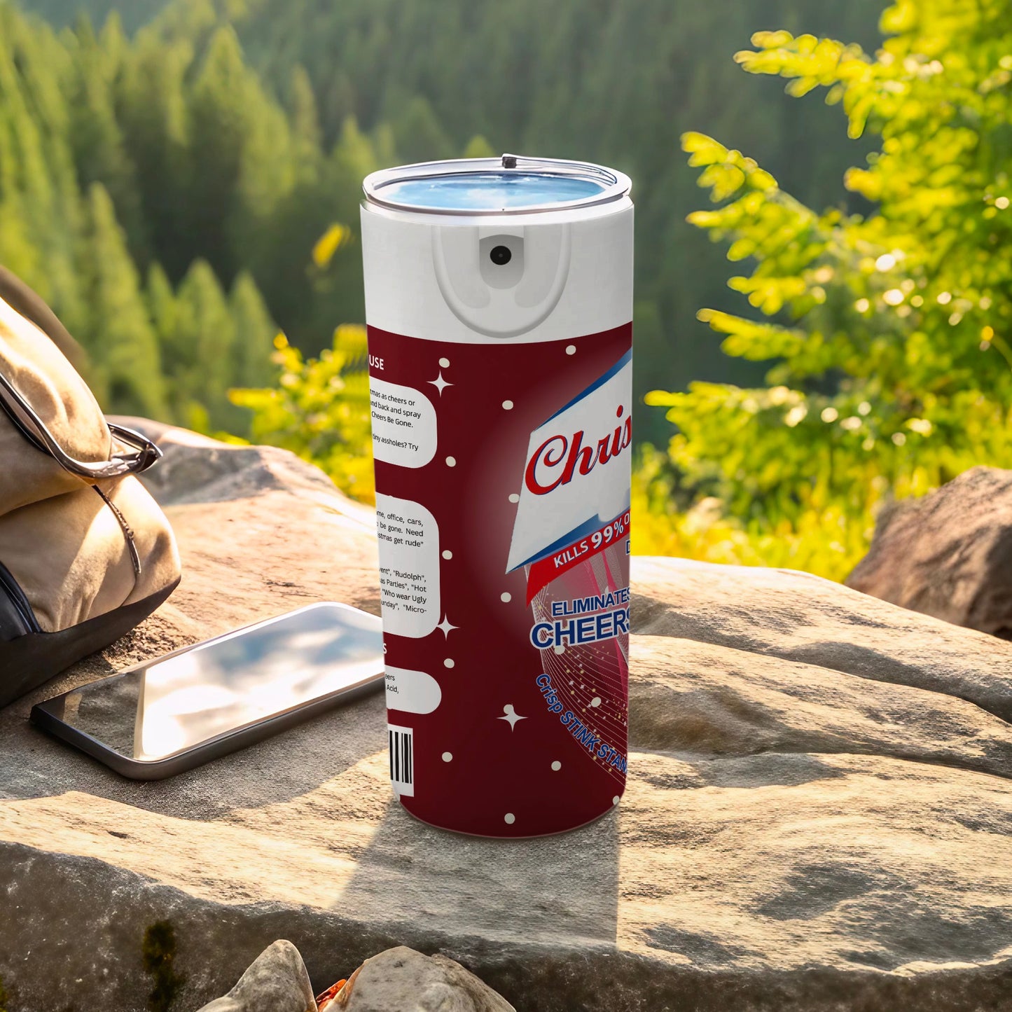 Chris Eliminate Cheer Spray on a Rock in Nature Scene