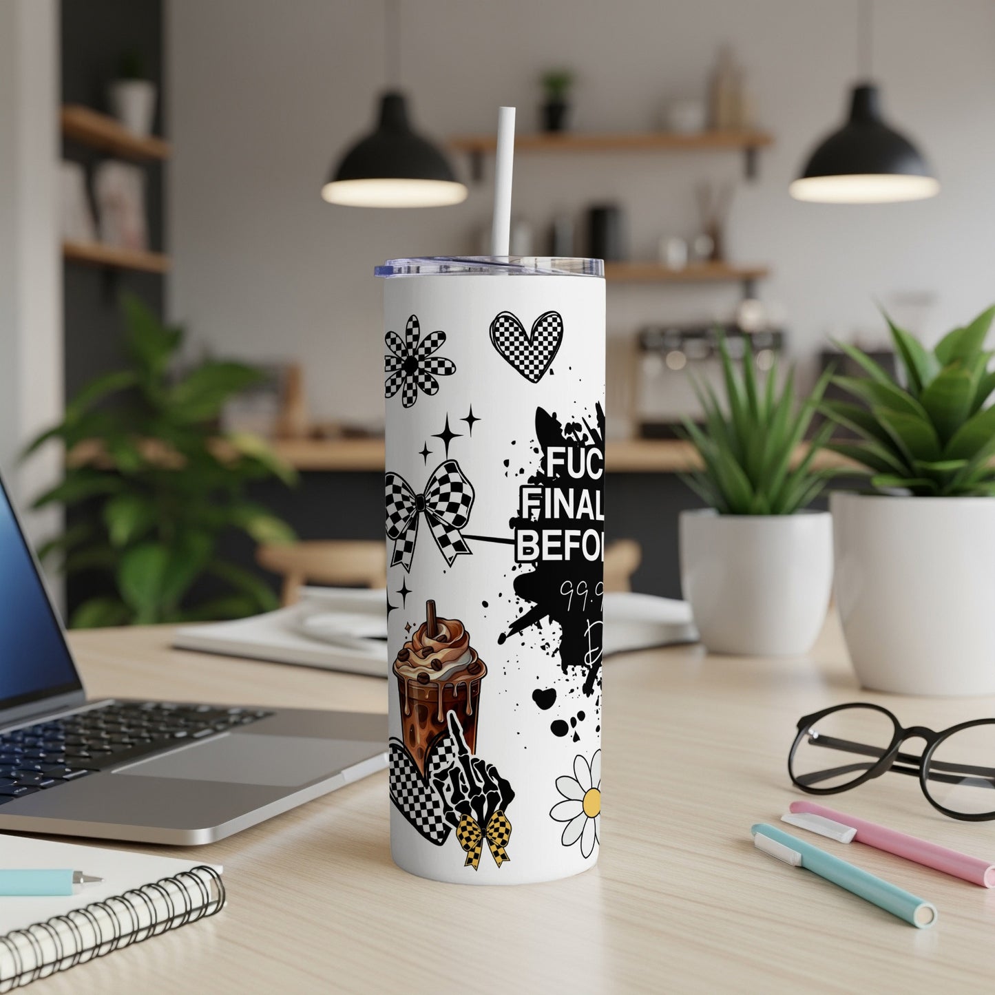 Tumbler with "F*ck final boss" text, checkered flags, and coffee cup graphic.