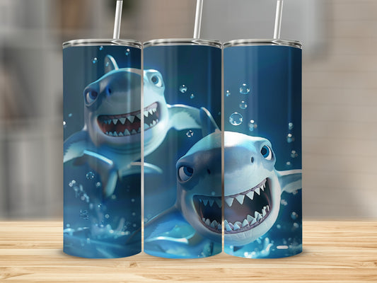 Two cartoon sharks with open mouths and sharp teeth in bubbly water.