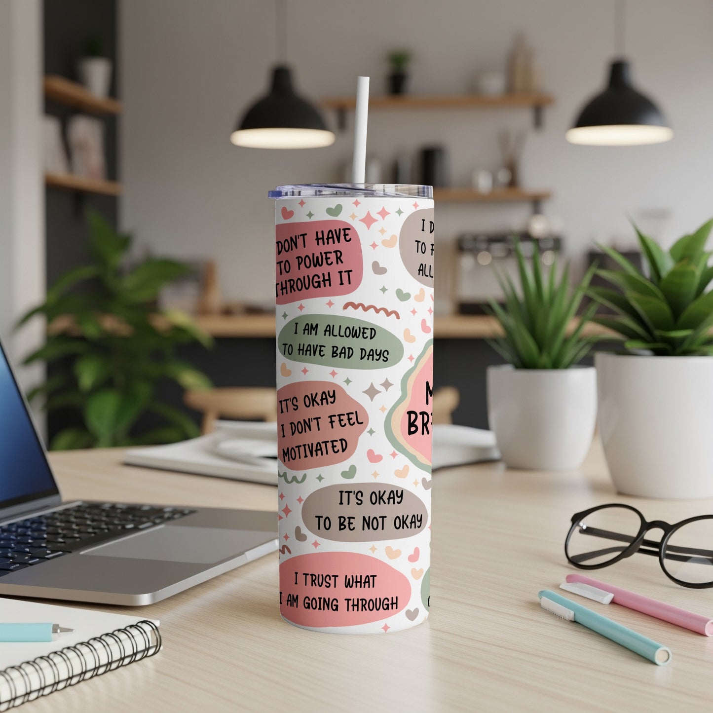 Tumbler with positive affirmations about managing bad days.
