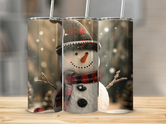 Three tumblers with a smiling snowman wearing a hat and scarf.