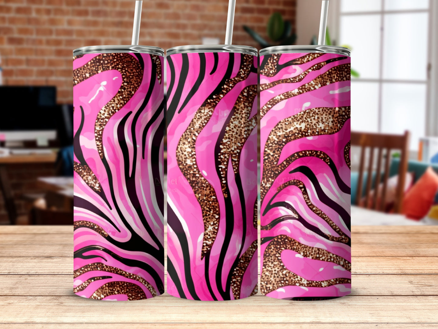 Pink Glitter Zebra Print Tumbler with Straw Product
