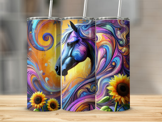 Three tumblers featuring a colorful horse and sunflowers design.