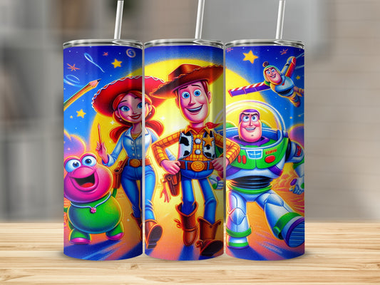 Woody, Buzz Lightyear, Jessie, and Alien from Toy Story on a blue tumbler.