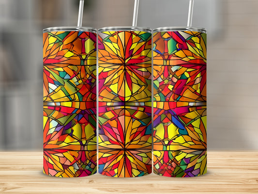 Three tumblers with a colorful stained-glass flower pattern.