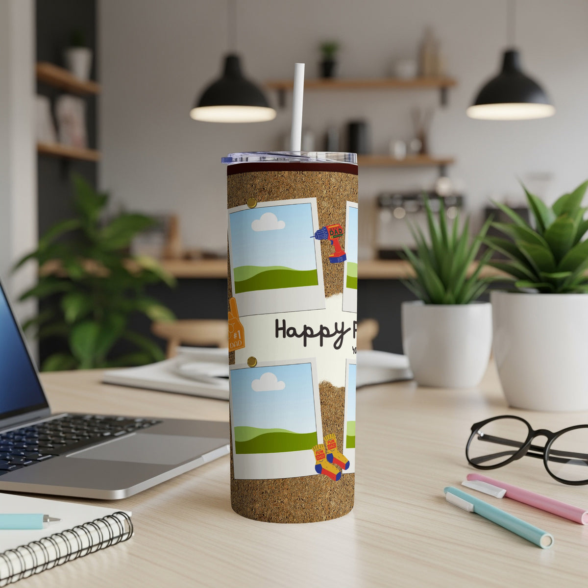 Cork tumbler with "Happy Father's Day" and tool graphics.