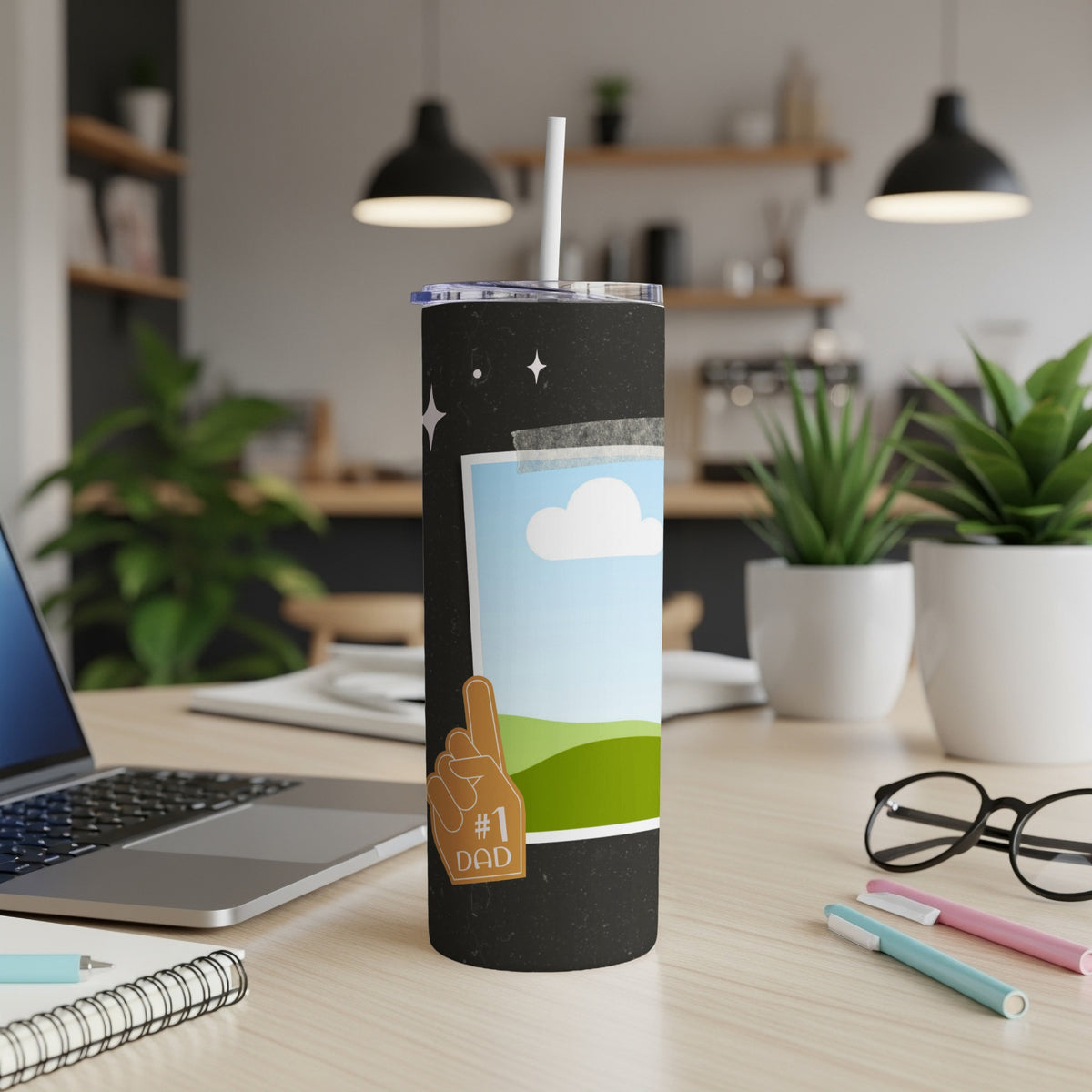 Black tumbler with #1 Dad foam finger graphic and sky landscape design.