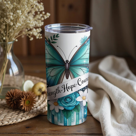 Strength Hope Courage Butterfly Floral Tumbler