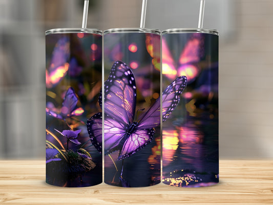 Three purple butterflies with reflective wings on a dark, watery surface.