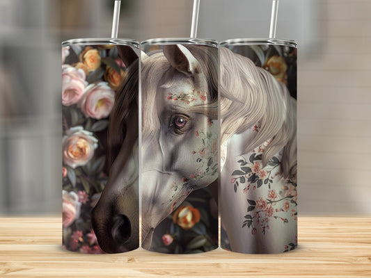 Three tumblers featuring a horse's head with floral accents.