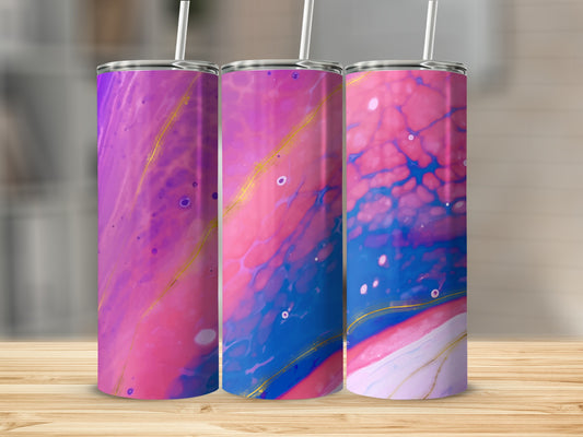 Three tumblers with swirling pink, purple, blue, and gold abstract marble patterns.