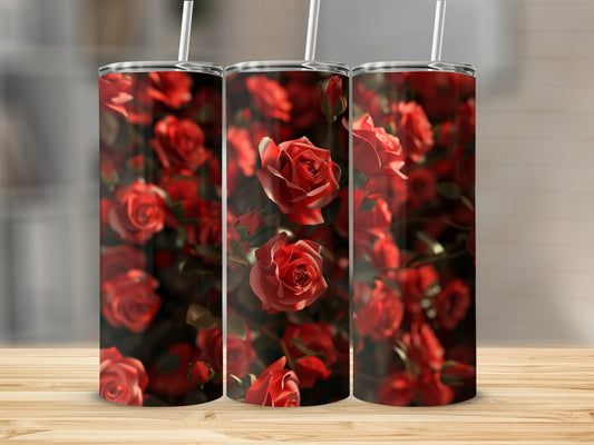 Three tumblers with a close-up, blurred red rose floral pattern.