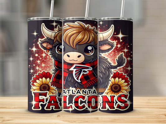 Atlanta Falcons tumbler with cute cartoon bull wearing a scarf.