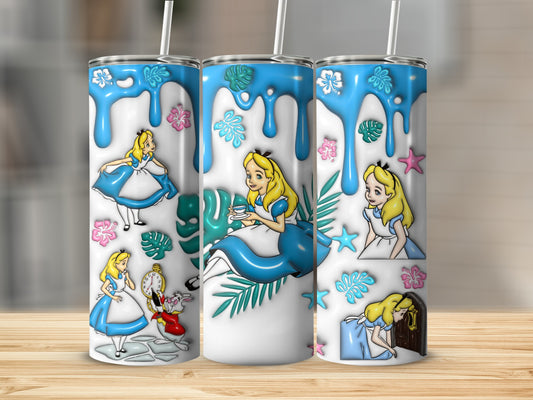 Alice in Wonderland characters on a white tumbler with blue drips.