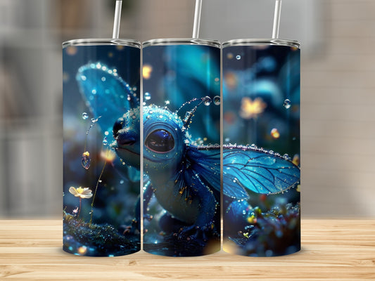 Blue winged creature with glowing accents on three tumblers.