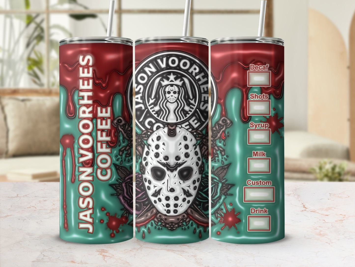 Coffee Tumbler with Jason Voorhees Design for Fans