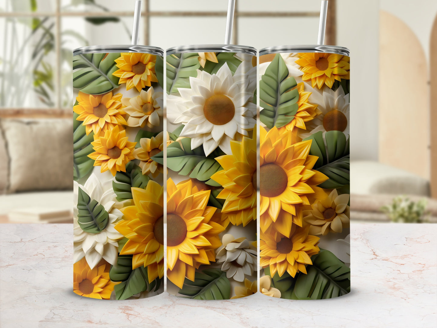 Sunflower and Leaves Pattern Insulated Tumbler