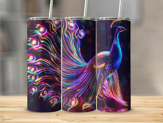 Three tumblers with a glowing neon peacock design.
