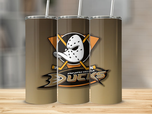 Anaheim Ducks logo on three brown tumblers with straws.
