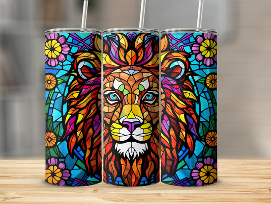 Colorful stained-glass lion design on three stainless steel tumblers.