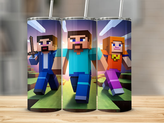 Minecraft characters Steve, Alex, and another boy on a tumbler.