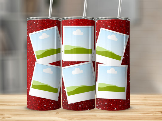 Three red glitter tumblers with photo frames displaying landscape scenes.