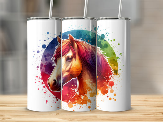 Watercolor horse head with vibrant rainbow mane and colorful paint splatters.
