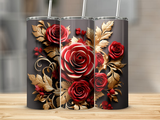 Three tumblers with red roses and gold leaves against a dark background.