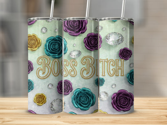 Boss Bitch Floral and Diamonds Design Tumbler