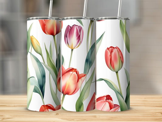 Three tumblers with a watercolor tulip pattern.