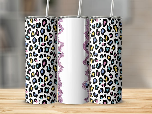 Three tumblers with a colorful leopard print pattern and a glitter accent.