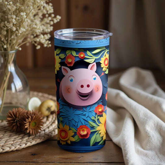 Adorable Smiling Pig with Floral Background Tumbler