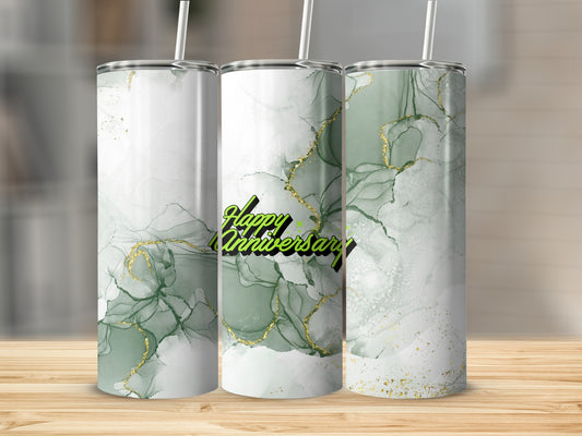 Three tumblers with green marble pattern and "Happy Anniversary" text.