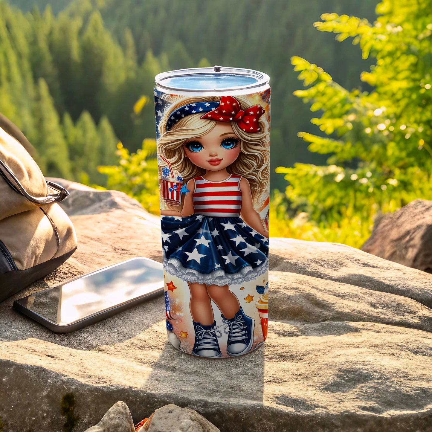 Patriotic tumbler with a girl in a star-spangled dress and red bow.