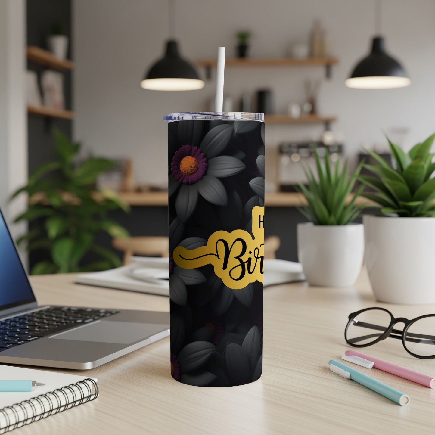 Black tumbler with dark floral pattern and "Happy Birthday" text.