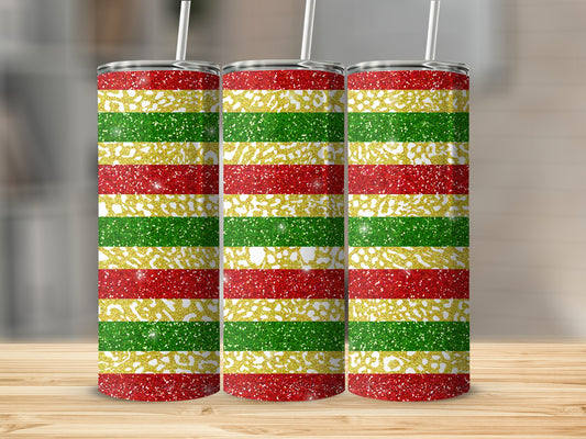 Three glitter striped tumblers with red, green, and gold bands.