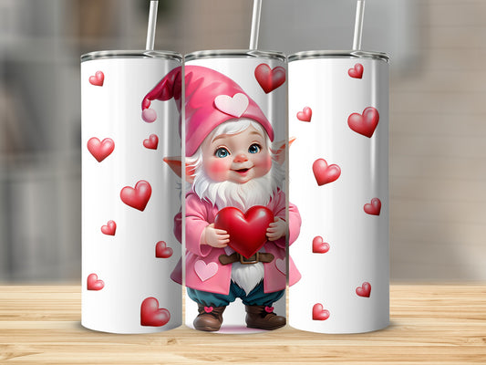 Gnome holding a heart, surrounded by red hearts, on a white tumbler.