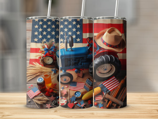 Tractor, wheat, berries, and American flags on a wood textured background.