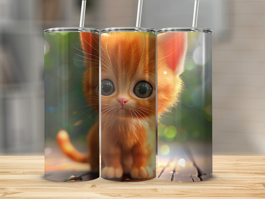 Three tall tumblers featuring a cute, wide-eyed orange tabby kitten.