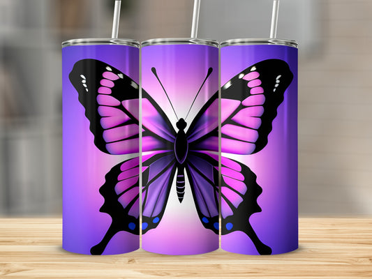 Purple and pink butterfly design on three tumblers with straws.