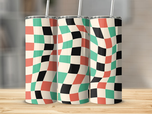 Three tumblers with a checkerboard pattern in coral, black, and teal.