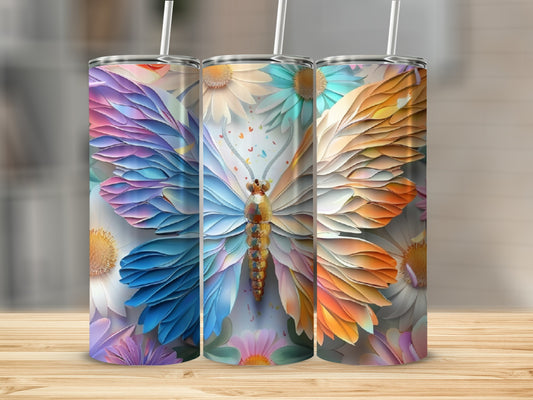 Three tumblers with colorful butterfly wings and floral designs.