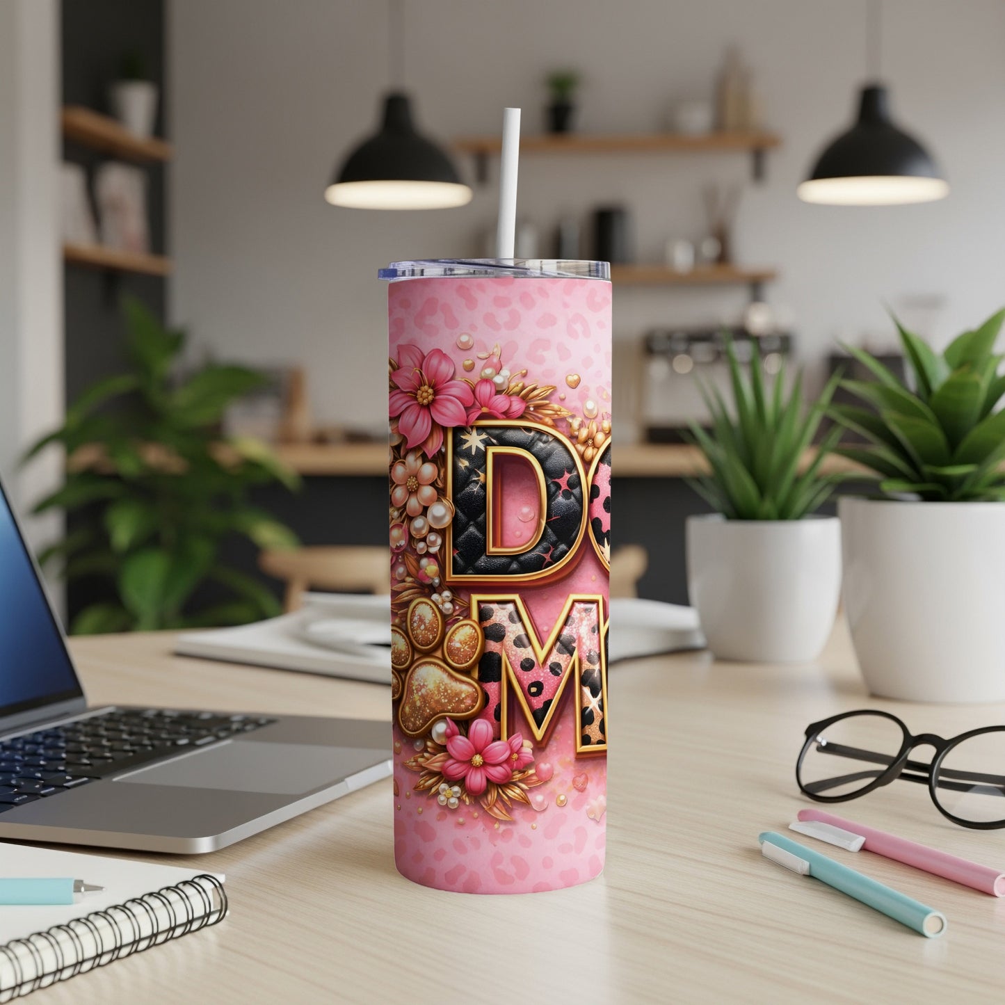 Pink tumbler with leopard print, paw print, and "Dog Mom" text.